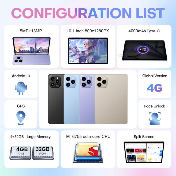 Bộ combo máy tính bảng Pad 8 Pro 10.1 inch 4G LTE, 4GB+32GB, Android 10 MT6755 Octa Core, kèm bàn phím / chuột / bao da, Phích cắm EU, Phích cắm EU