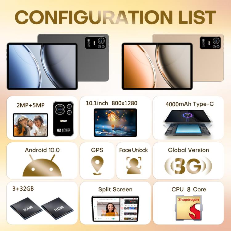 Máy tính bảng gọi điện 3G Pad 8 Ultra 10.1 inch, 3GB+32GB, Android 10 MTK6755 Octa Core, phích cắm AU, phích cắm AU