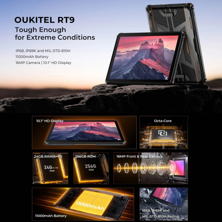 Máy tính bảng bền OUKITEL RT9 mạng 4G IP68/IP69K, 6GB+256GB, 11 inch Android 14 Unisoc T606 tám nhân, hỗ trợ SIM kép, phích cắm EU, RT9 6GB+256GB