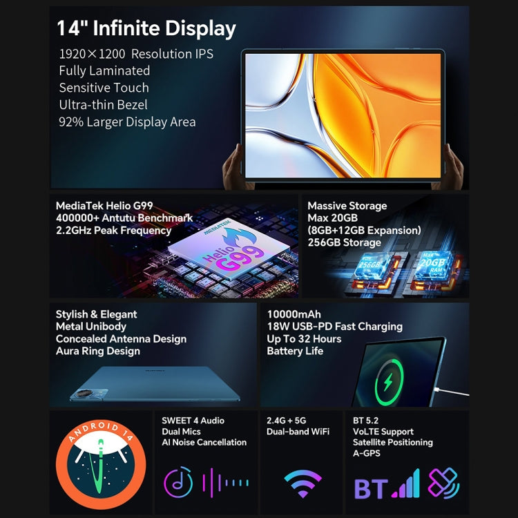Máy tính bảng Teclast T70 4G LTE, 8GB+256GB, màn hình 14 inch Android 14 MediaTek Helio G99 Octa Core, hỗ trợ 2 SIM, T70