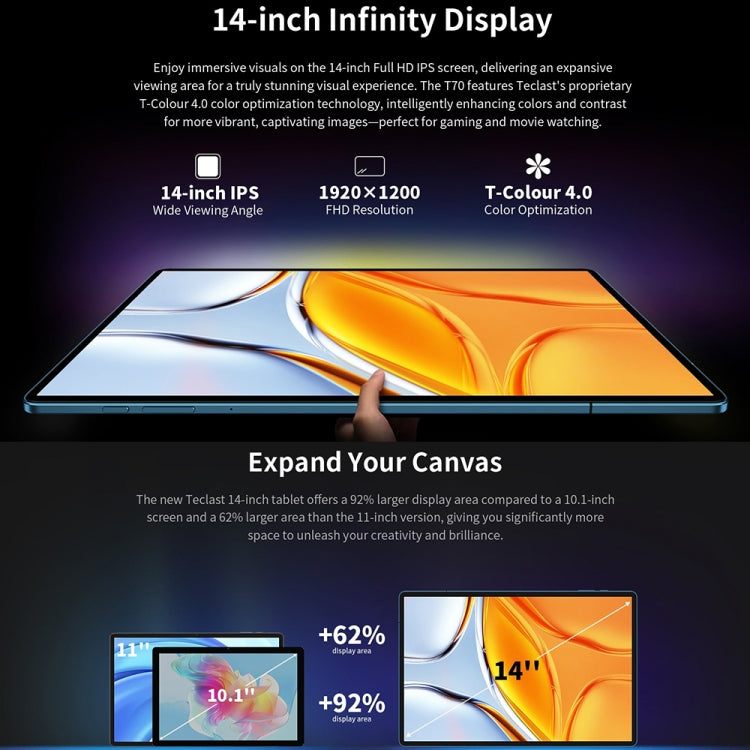 Máy tính bảng Teclast T70 4G LTE, 8GB+256GB, màn hình 14 inch Android 14 MediaTek Helio G99 Octa Core, hỗ trợ 2 SIM, T70