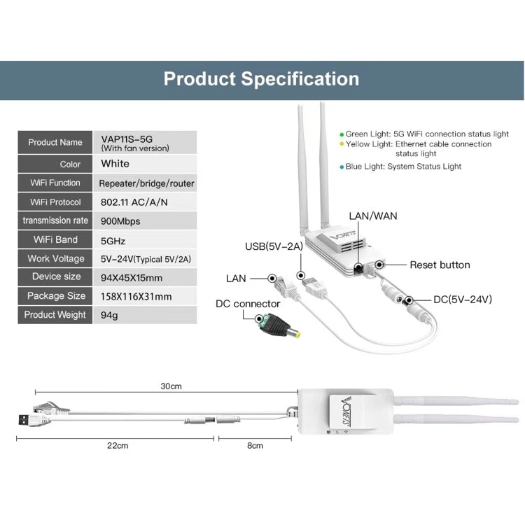 Cầu nối không dây mini VONETS VAP11S-5G 900Mbps WiFi Repeater với 2 ăng-ten và quạt