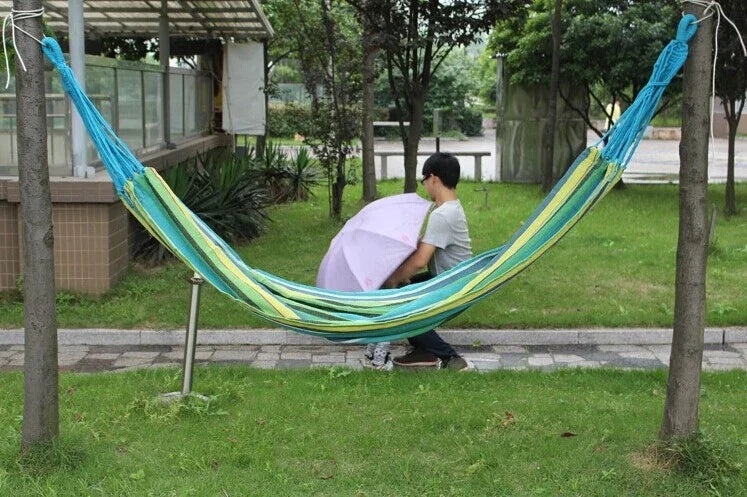 Võng vải ngoài trời sọc cho hai người, giường xích đu mở rộng, Kích thước: 190cm x 150cm, 190cm x 150cm (Xanh dương), 190cm x 150cm (Đỏ+Vàng), 200 x 150cm (Xanh dương+Vàng)
