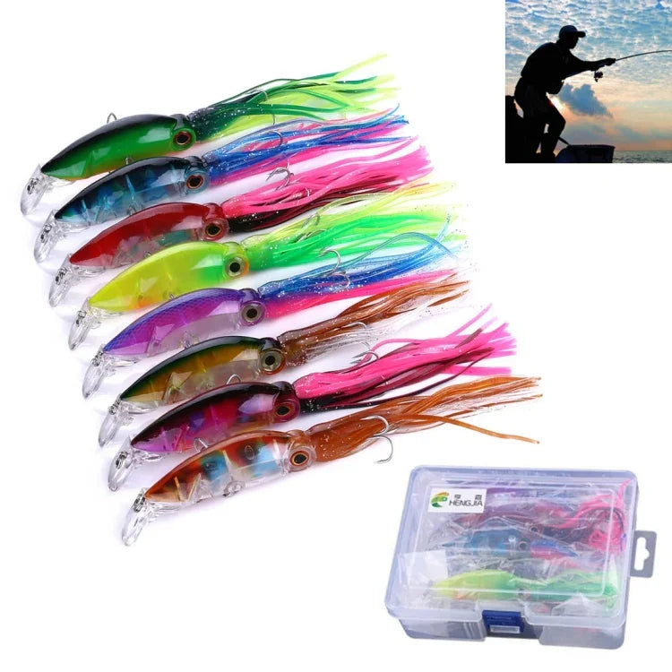 Bộ 8 mồi câu cá cứng hình bạch tuộc lớn HENGJIA JIZ002 10cm/16.6g, mồi câu xa, phù hợp câu biển và nước ngọt, đóng hộp, 8 chiếc